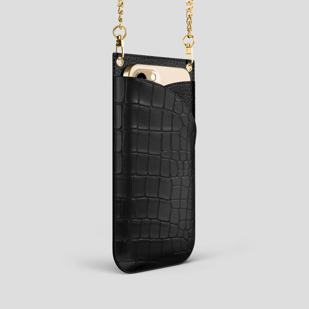 Black iPhone 14 Pro Crossbody Bag Alligator with Gold Metal -2 | Black-Gold