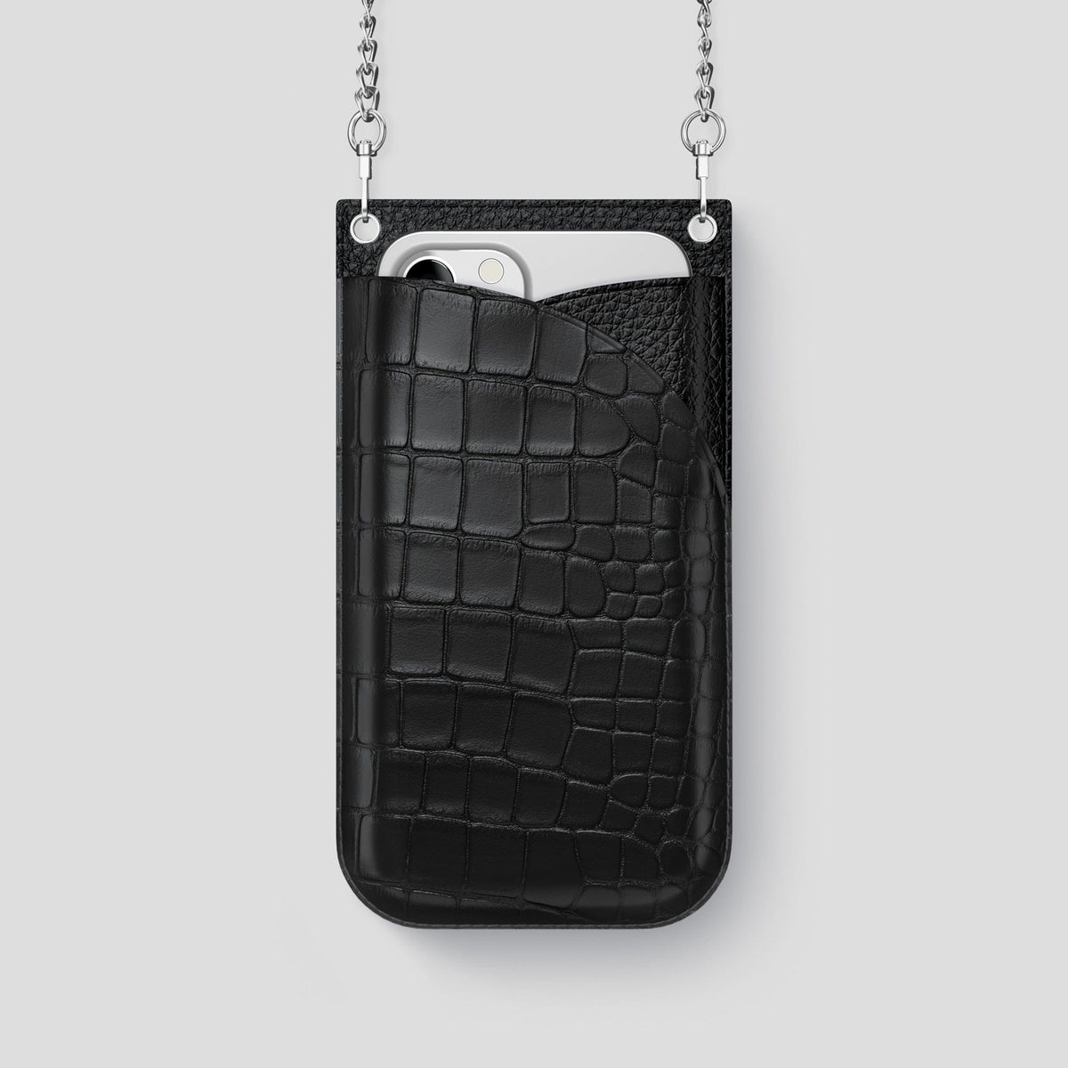 Black iPhone 14 Pro Crossbody Bag Alligator with Steel Metal -1 | Black-Steel