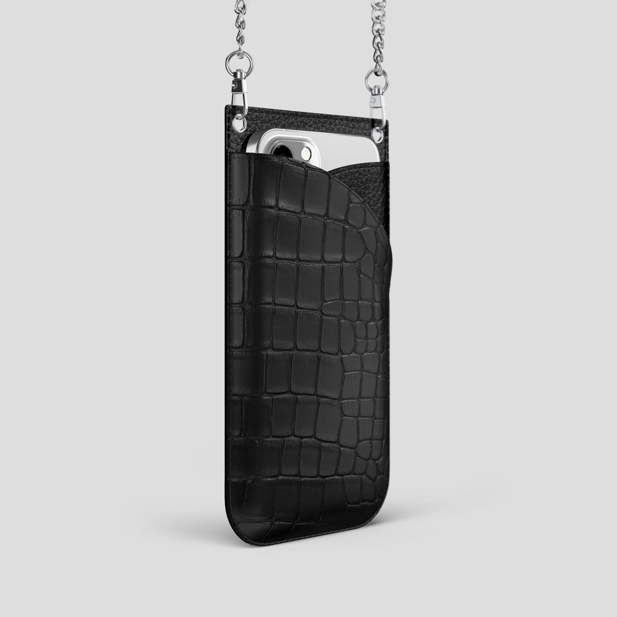 Black iPhone 14 Pro Crossbody Bag Alligator with Steel Metal -2 | Black-Steel