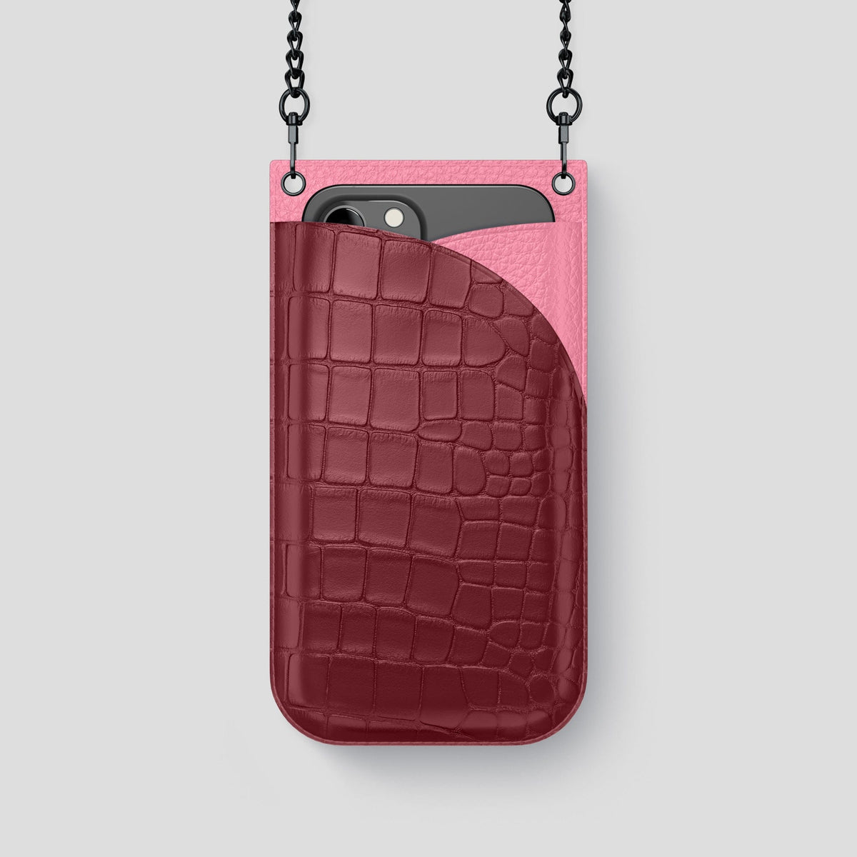 Burgundy iPhone 14 Pro Crossbody Bag Alligator with Black Metal -1 | Burgundy-Black