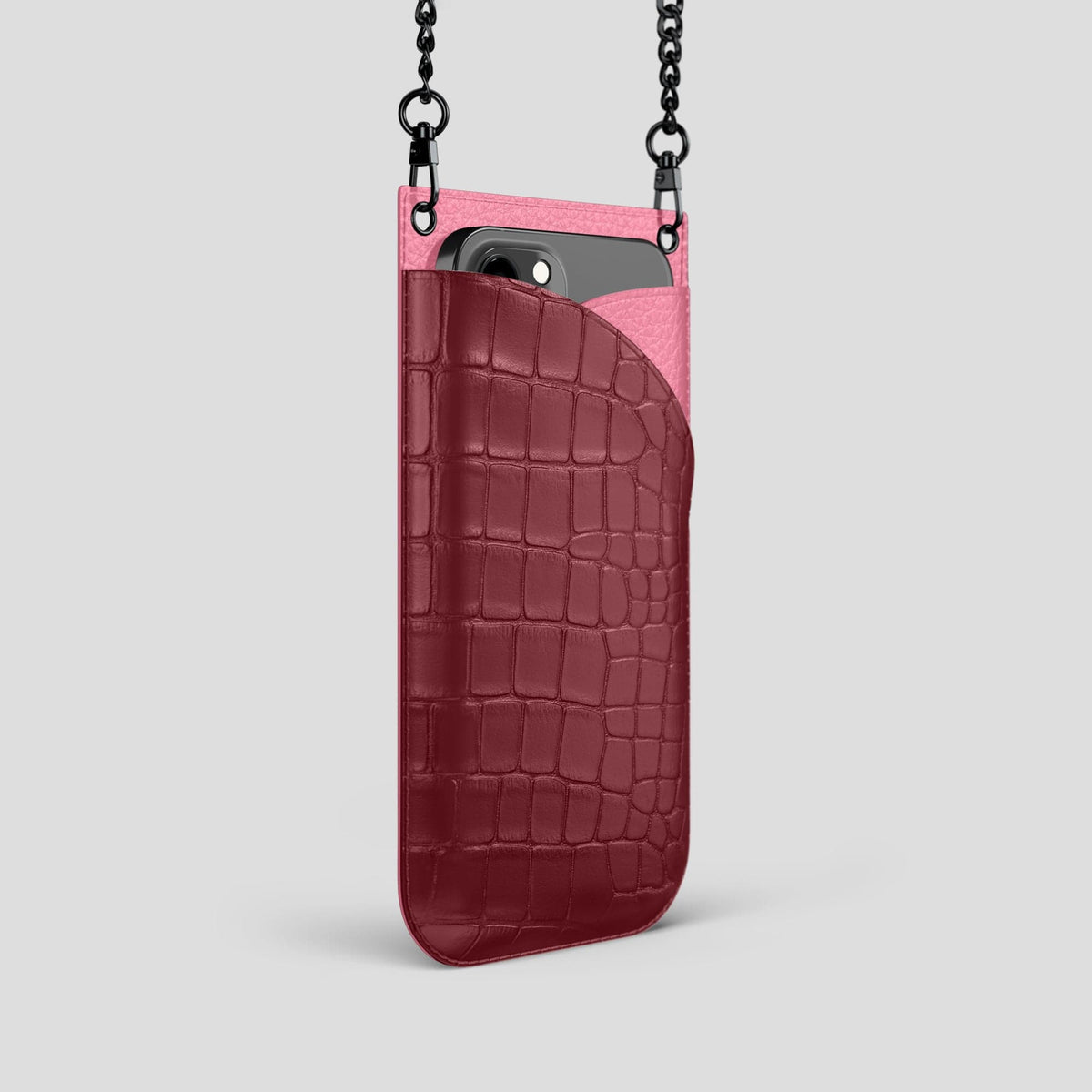 Burgundy iPhone 14 Pro Crossbody Bag Alligator with Black Metal -2 | Burgundy-Black