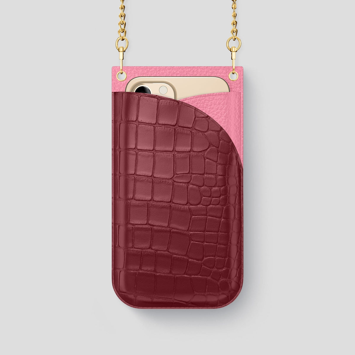 Burgundy iPhone 14 Pro Crossbody Bag Alligator with Gold Metal -1 | Burgundy-Gold