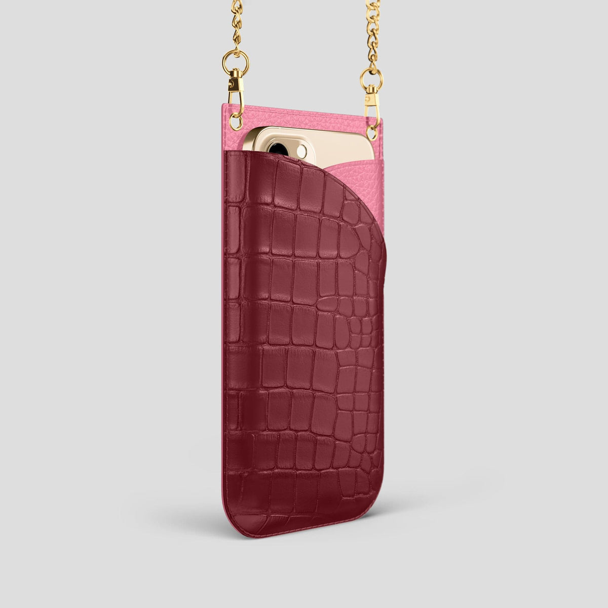 Burgundy iPhone 14 Pro Crossbody Bag Alligator with Gold Metal -2 | Burgundy-Gold
