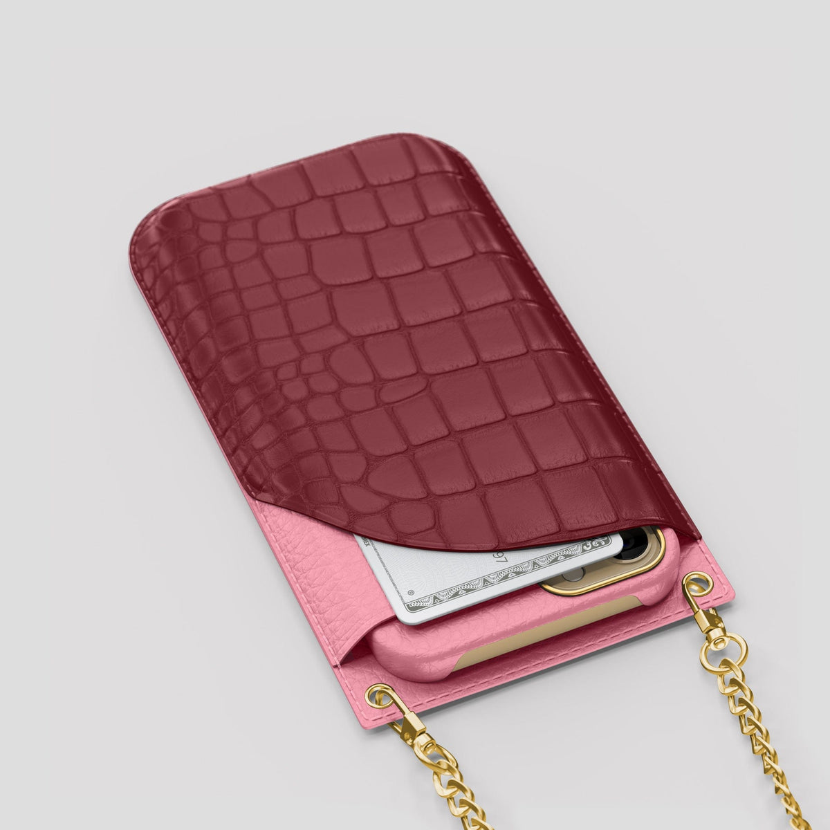 Burgundy iPhone 14 Pro Crossbody Bag Alligator with Gold Metal -5 | Burgundy-Gold