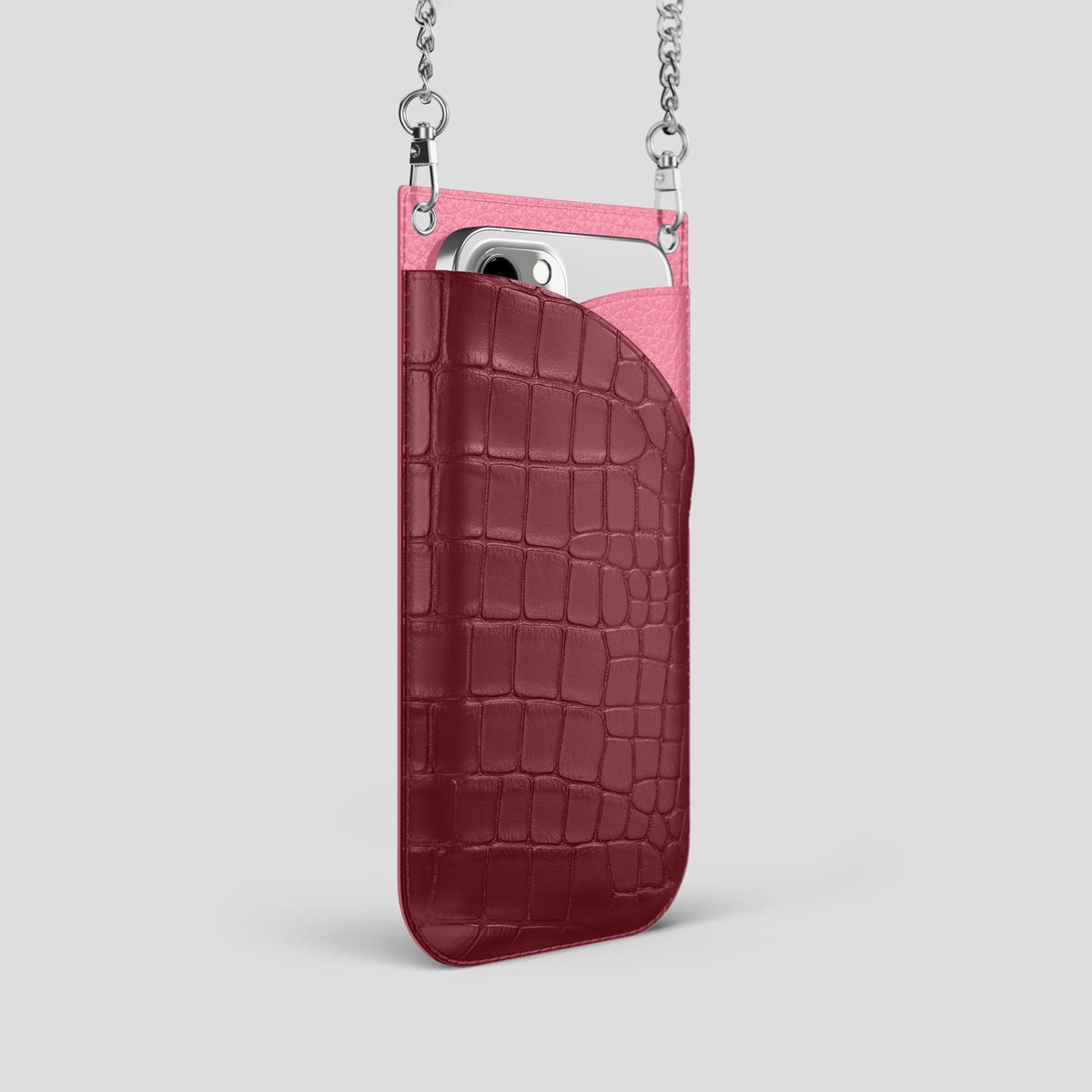 Burgundy iPhone 14 Pro Crossbody Bag Alligator with Steel Metal -2 | Burgundy-Steel