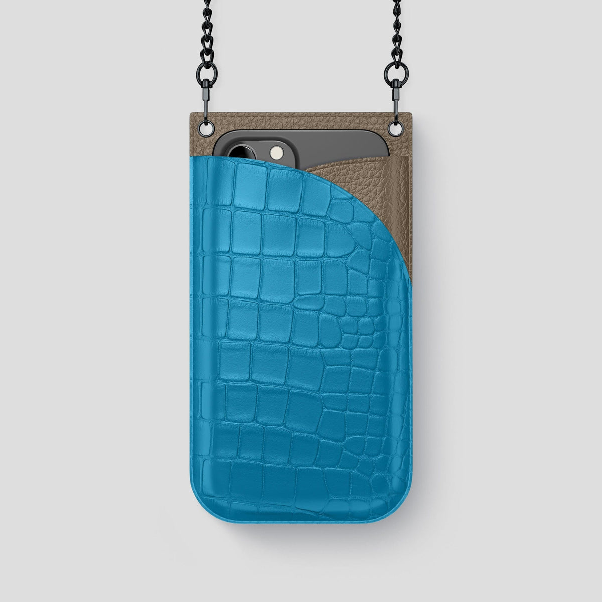 Curaçao-Blue iPhone 14 Pro Crossbody Bag Alligator with Black Metal -1 | Curaçao-Blue-Black