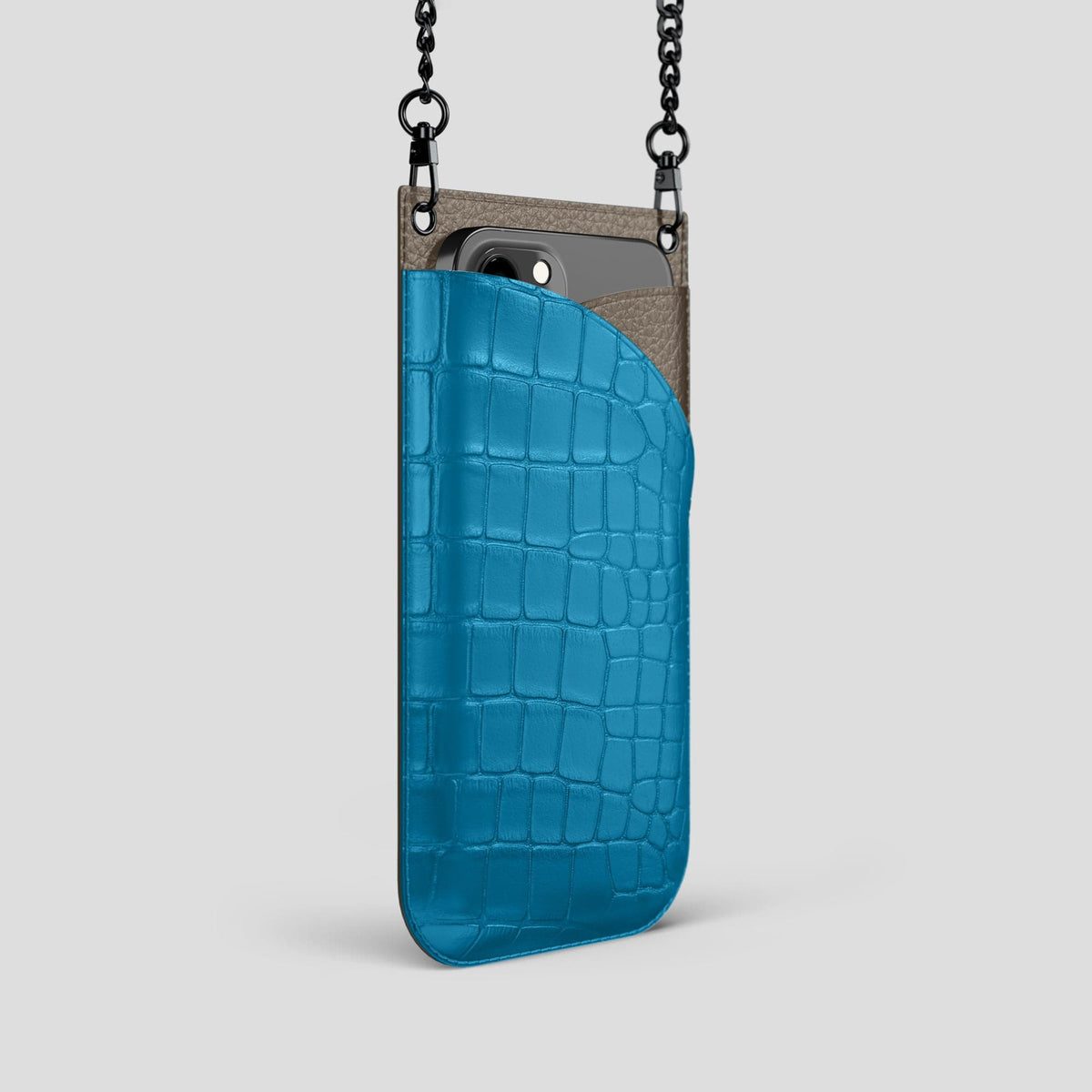 Curaçao-Blue iPhone 14 Pro Crossbody Bag Alligator with Black Metal -2 | Curaçao-Blue-Black