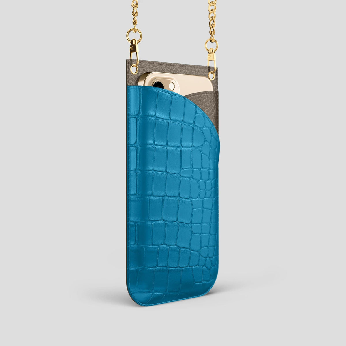 Curaçao-Blue iPhone 14 Pro Crossbody Bag Alligator with Gold Metal -2 | Curaçao-Blue-Gold