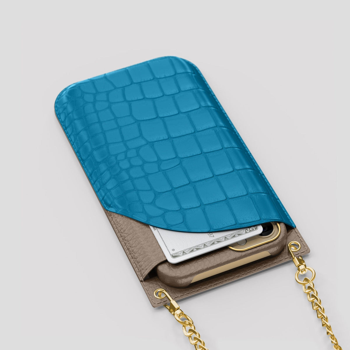 Curaçao-Blue iPhone 14 Pro Crossbody Bag Alligator with Gold Metal -5 | Curaçao-Blue-Gold