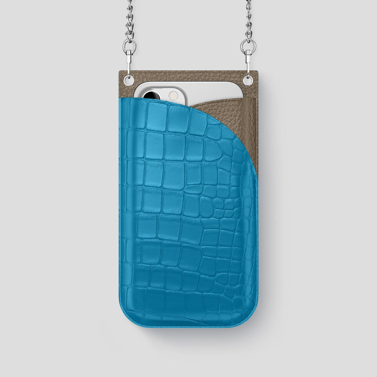Curaçao-Blue iPhone 14 Pro Crossbody Bag Alligator with Steel Metal -1 | Curaçao-Blue-Steel