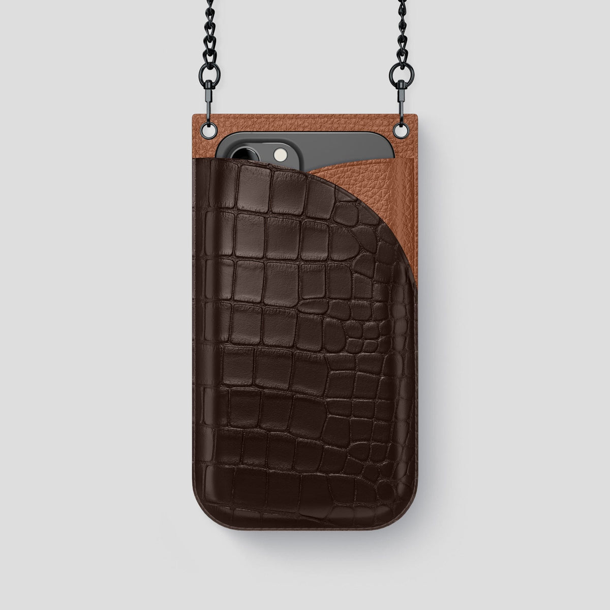 Dark Brown iPhone 14 Pro Crossbody Bag Alligator with Black Metal -1 | Dark-Brown-Black