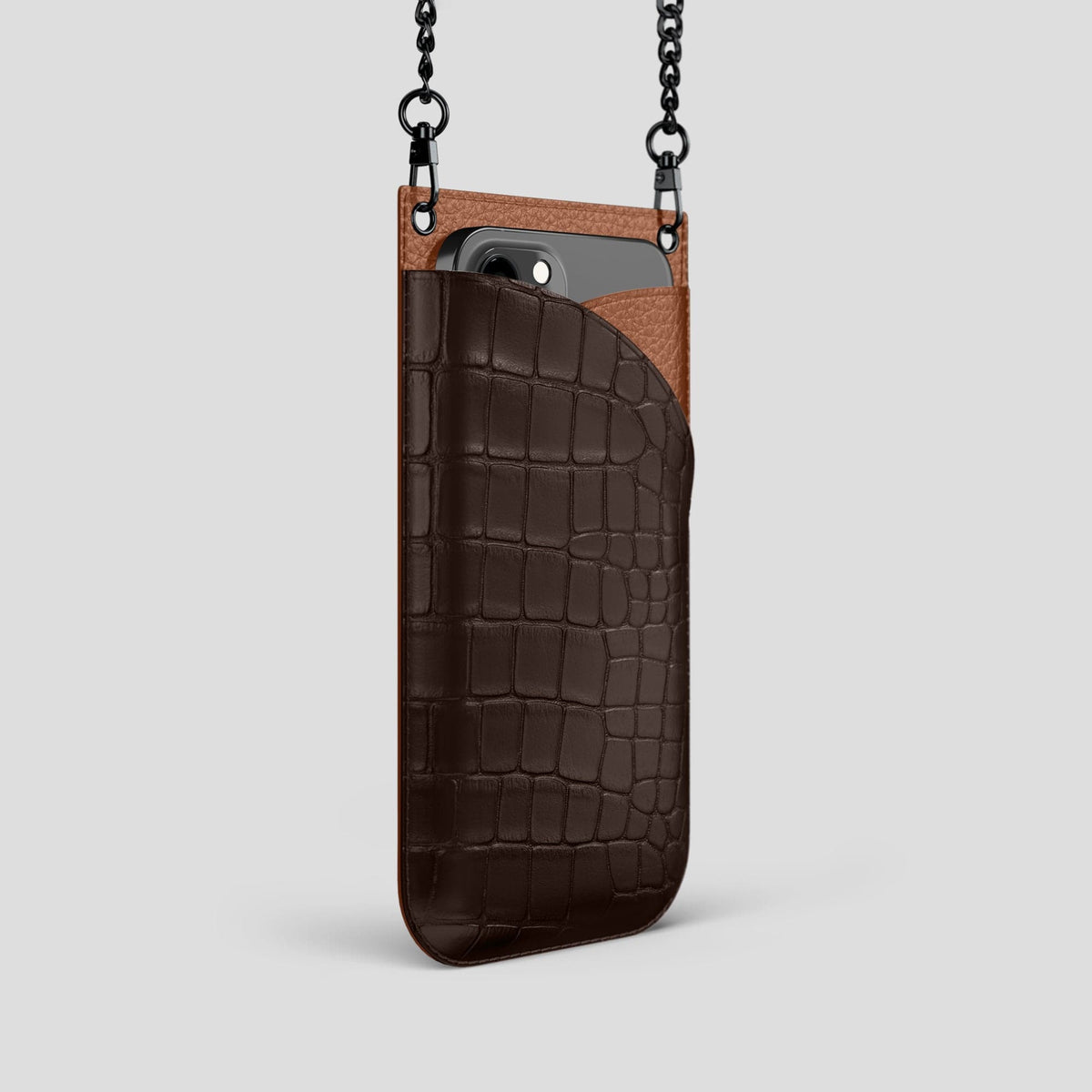 Dark Brown iPhone 14 Pro Crossbody Bag Alligator with Black Metal -2 | Dark-Brown-Black