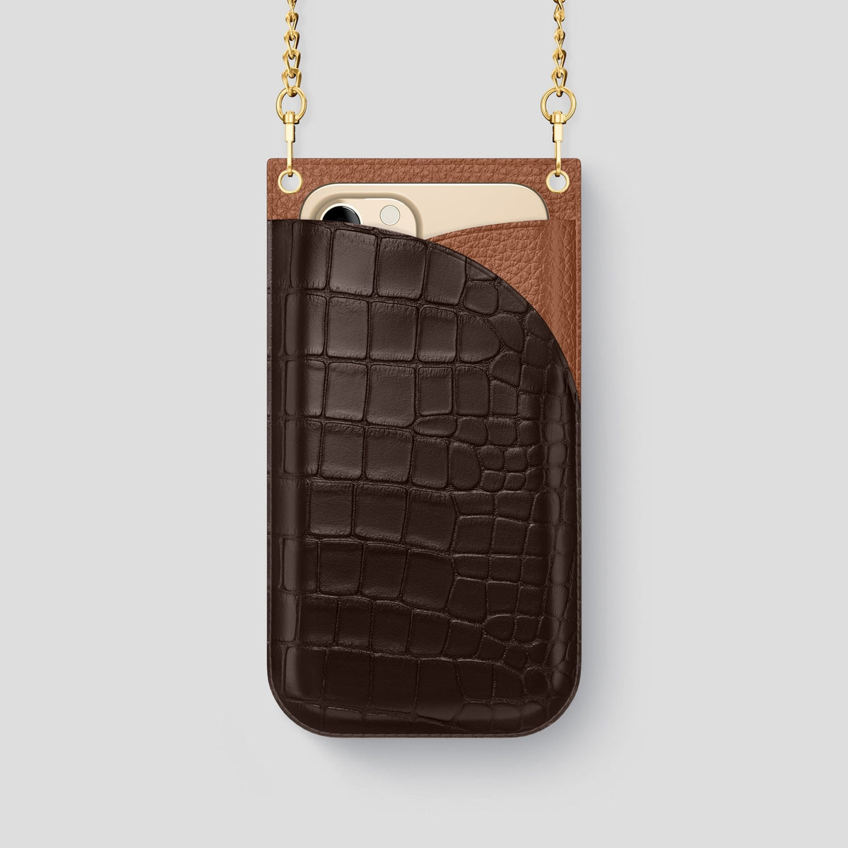 Dark Brown iPhone 14 Pro Crossbody Bag Alligator with Gold Metal -1 | Dark-Brown-Gold