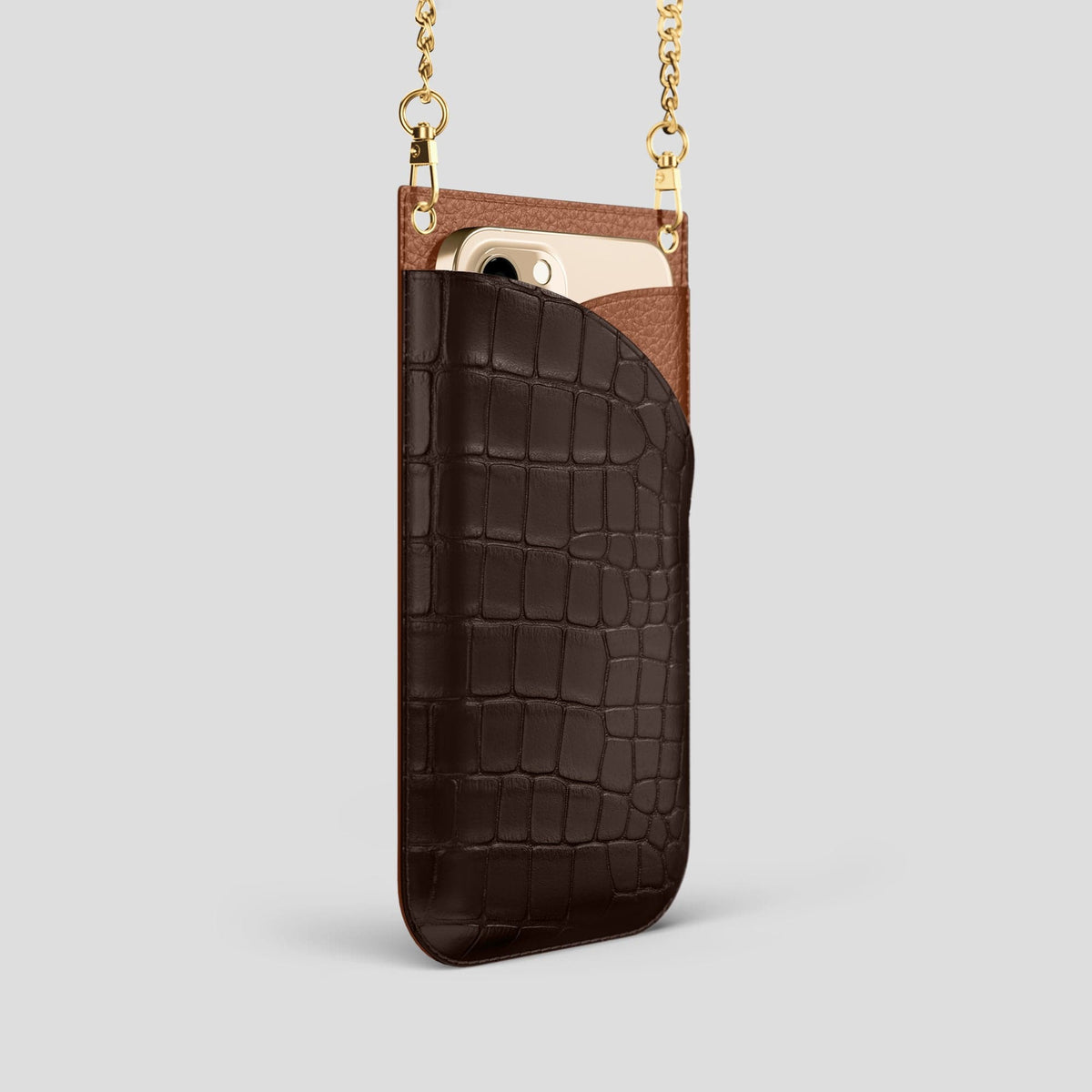 Dark Brown iPhone 14 Pro Crossbody Bag Alligator with Gold Metal -2 | Dark-Brown-Gold