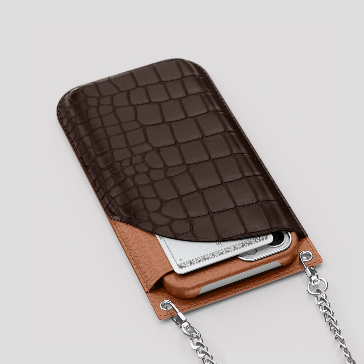 Dark Brown iPhone 14 Pro Crossbody Bag Alligator with Steel Metal -5 | Dark-Brown-Steel