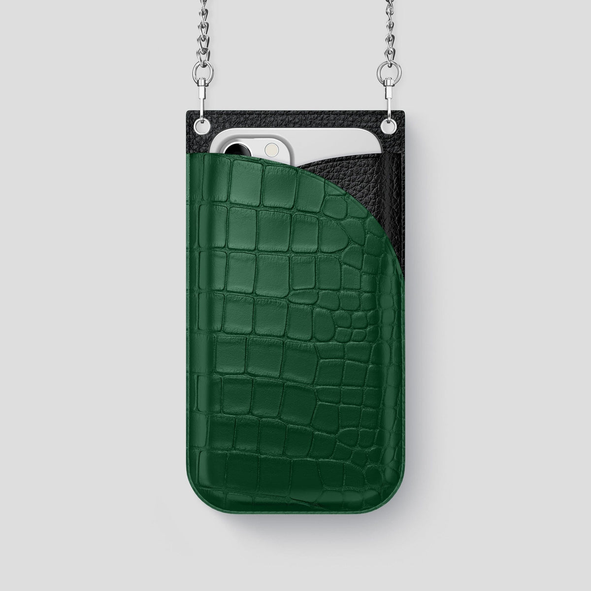 Forest-Green iPhone 14 Pro Crossbody Bag Alligator with Steel Metal -1 | Forest-Green-Steel