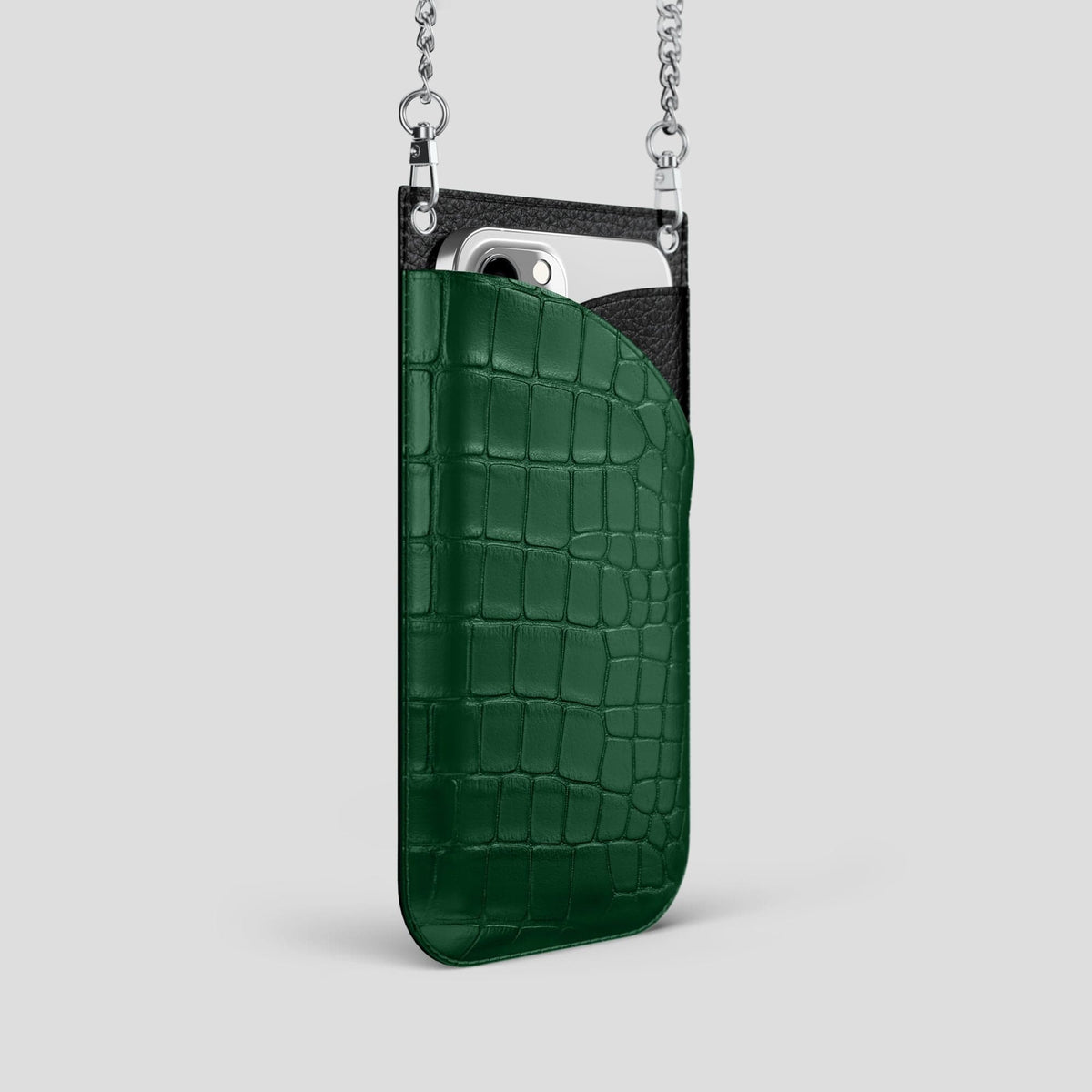 Forest-Green iPhone 14 Pro Crossbody Bag Alligator with Steel Metal -2 | Forest-Green-Steel