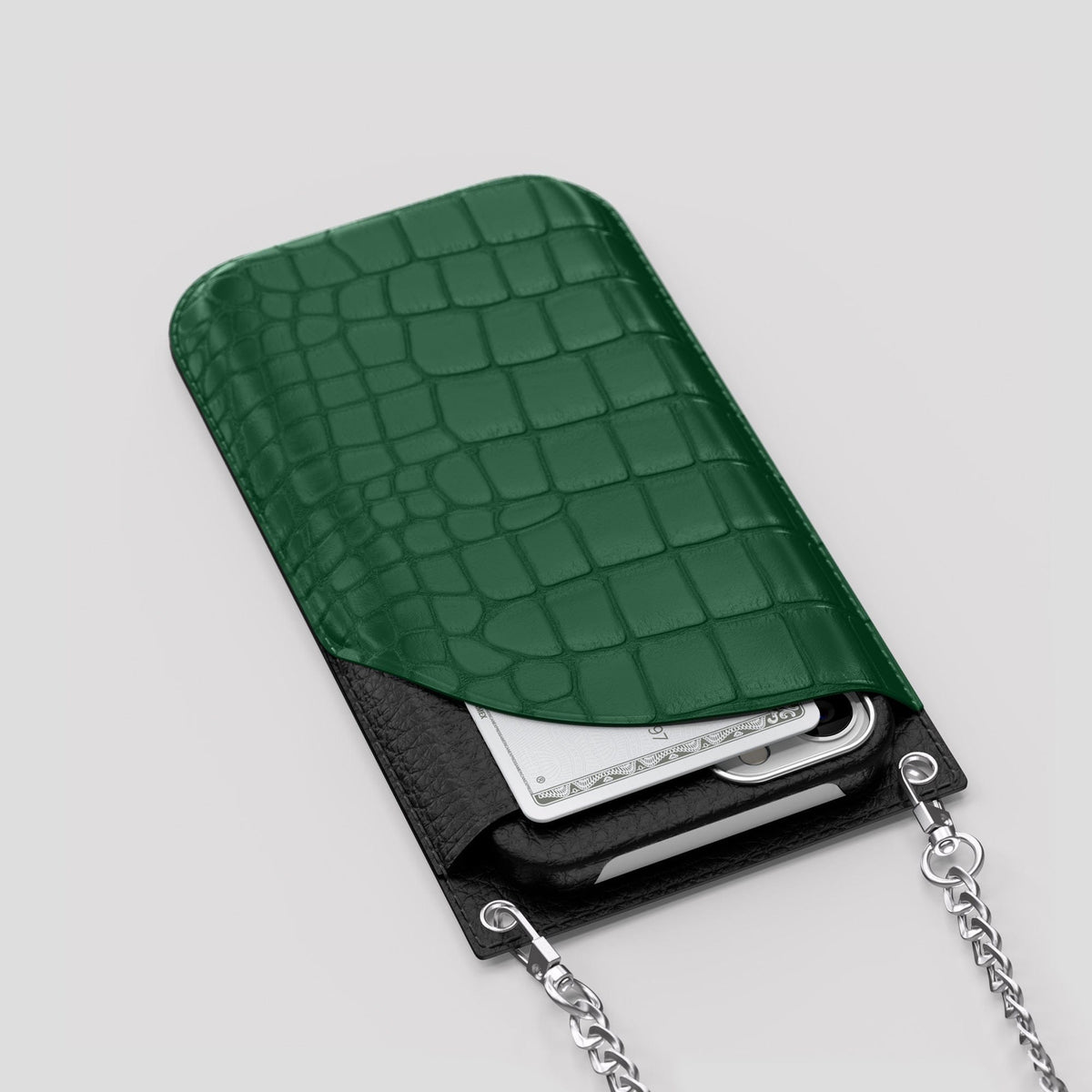 Forest-Green iPhone 14 Pro Crossbody Bag Alligator with Steel Metal -5 | Forest-Green-Steel