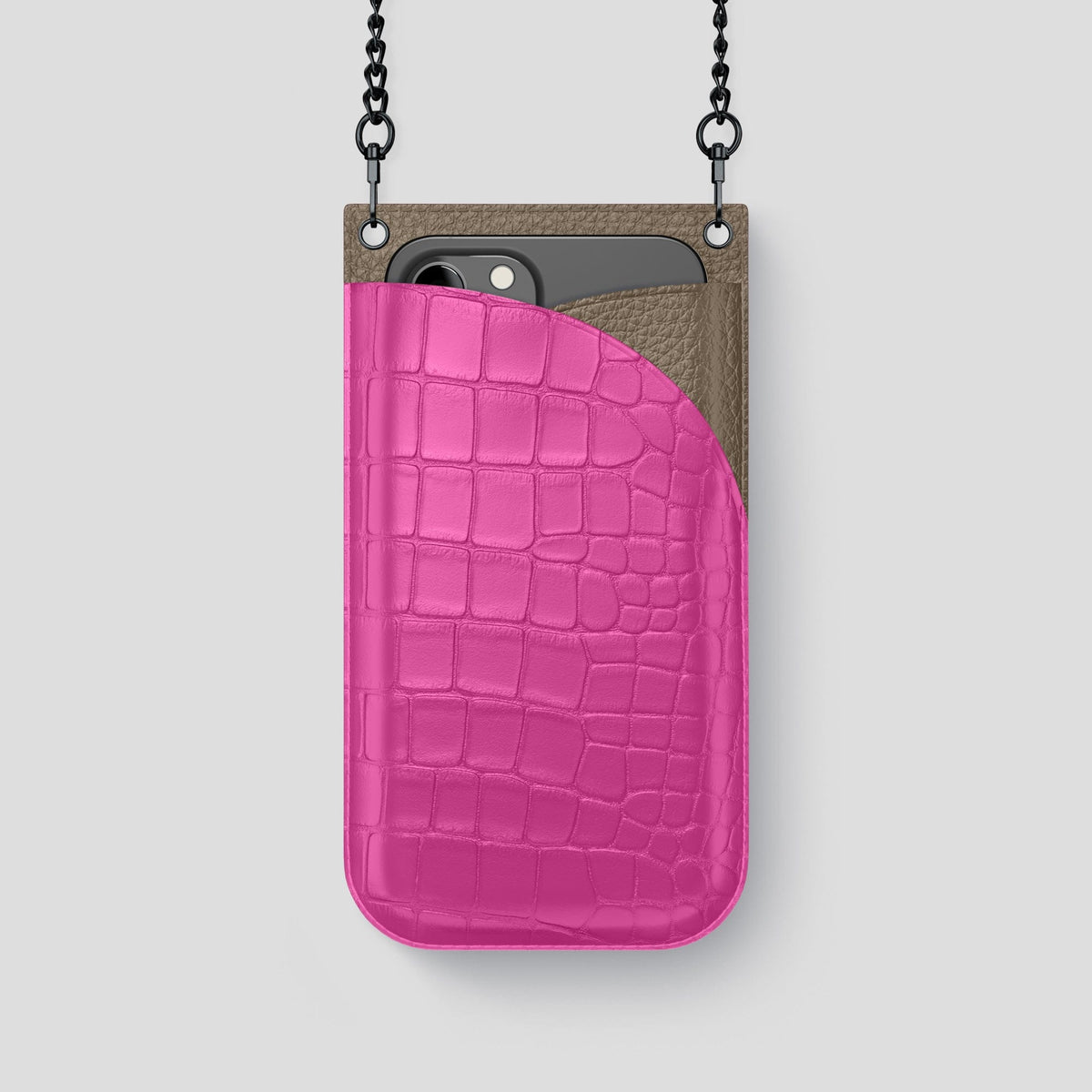 Fuchsia iPhone 14 Pro Crossbody Bag Alligator with Black Metal -1 | Fuchsia-Black