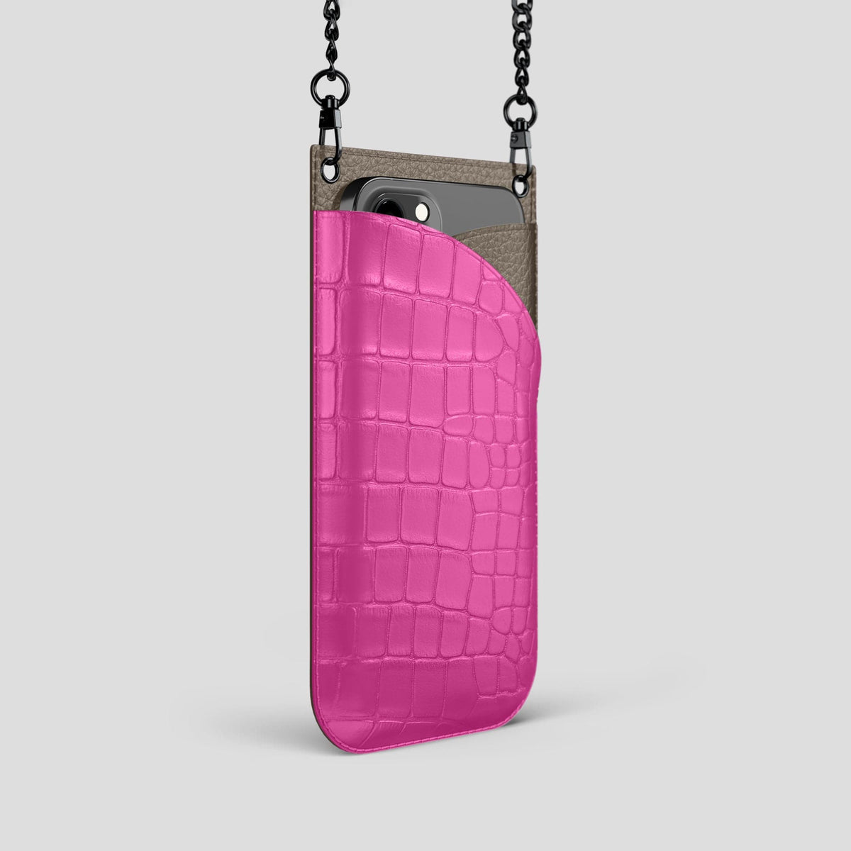 Fuchsia iPhone 14 Pro Crossbody Bag Alligator with Black Metal -2 | Fuchsia-Black