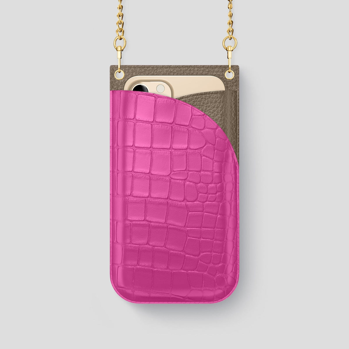 Fuchsia iPhone 14 Pro Crossbody Bag Alligator with Gold Metal -1 | Fuchsia-Gold