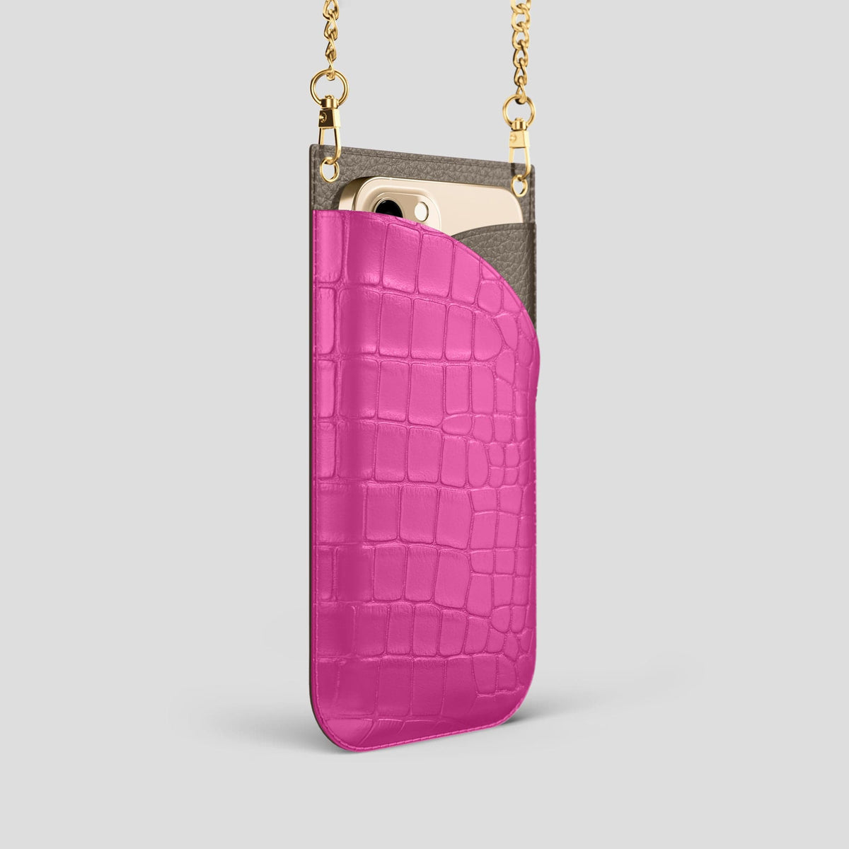 Fuchsia iPhone 14 Pro Crossbody Bag Alligator with Gold Metal -2 | Fuchsia-Gold