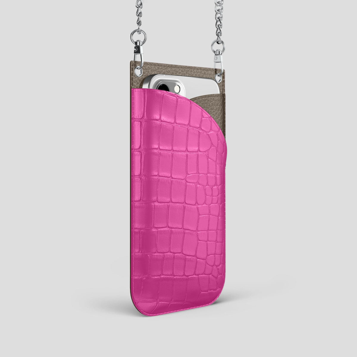 Fuchsia iPhone 14 Pro Crossbody Bag Alligator with Steel Metal -2 | Fuchsia-Steel