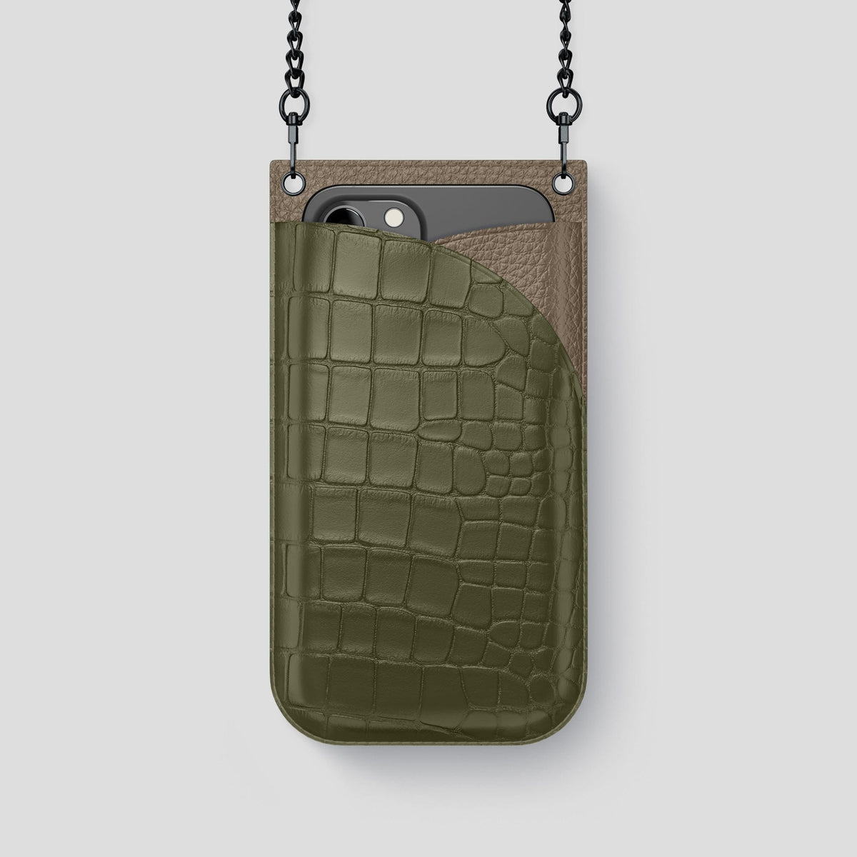 Kaki-Green iPhone 14 Pro Crossbody Bag Alligator with Black Metal -1 | Kaki-Green-Black