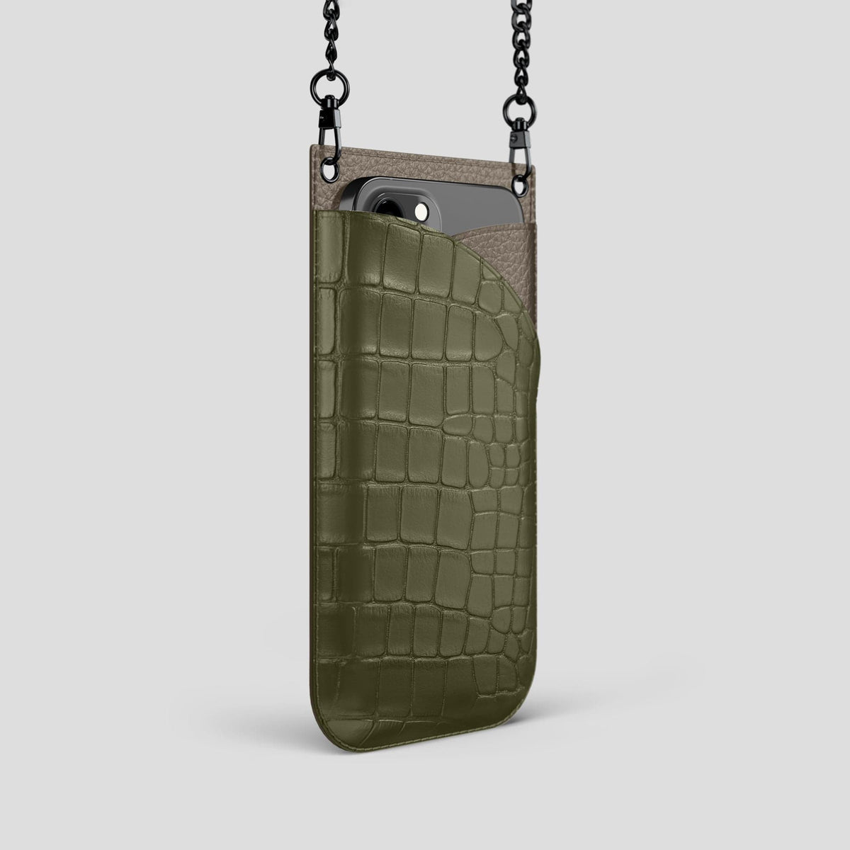 Kaki-Green iPhone 14 Pro Crossbody Bag Alligator with Black Metal -2 | Kaki-Green-Black