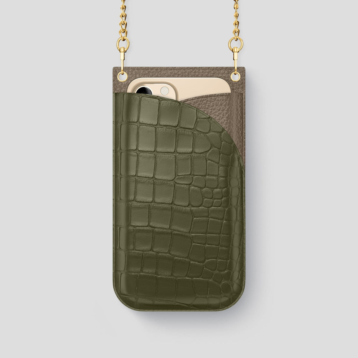 Kaki-Green iPhone 14 Pro Crossbody Bag Alligator with Gold Metal -1 | Kaki-Green-Gold