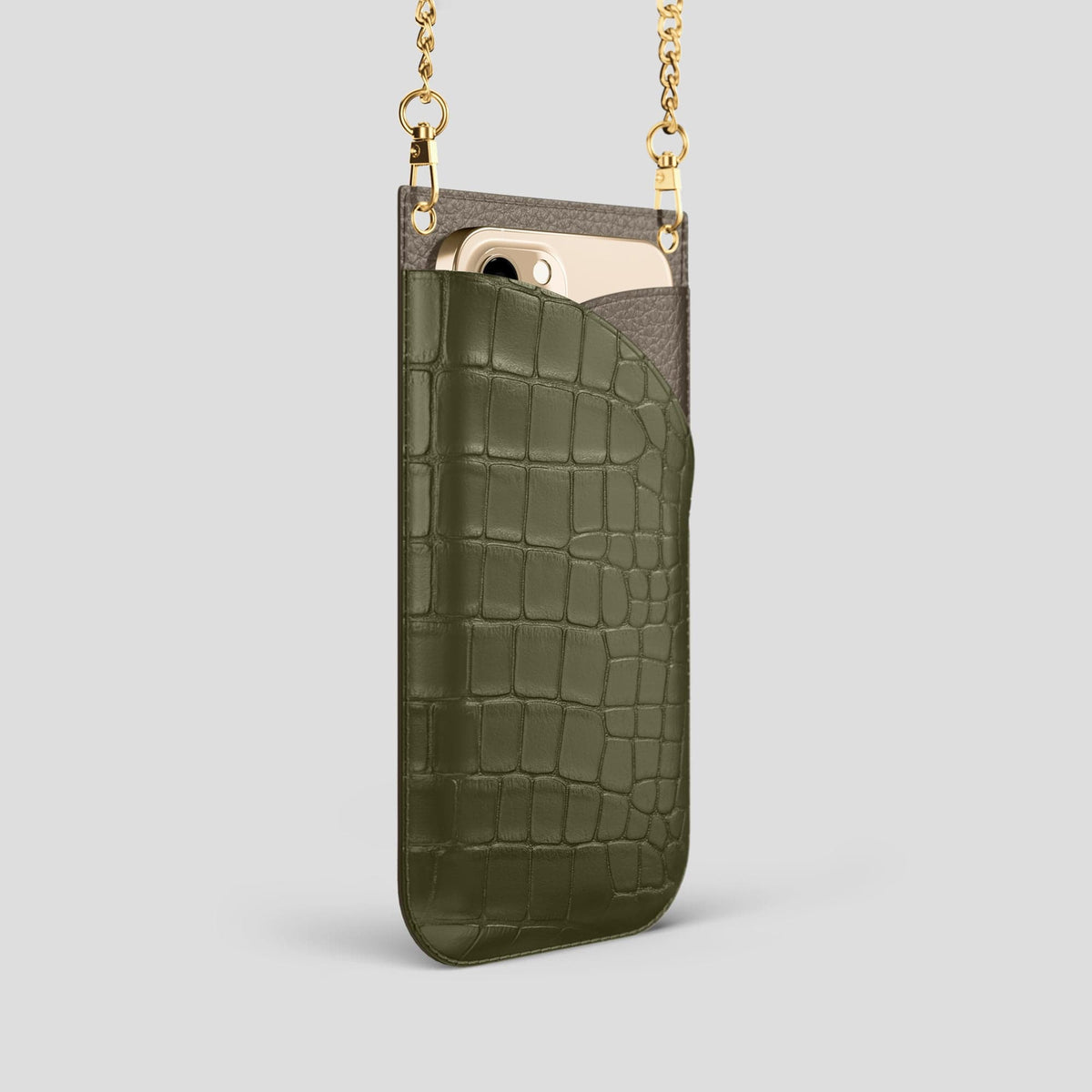 Kaki-Green iPhone 14 Pro Crossbody Bag Alligator with Gold Metal -2 | Kaki-Green-Gold