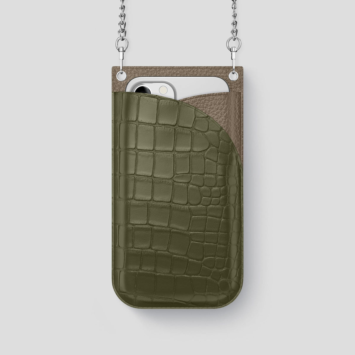 Kaki-Green iPhone 14 Pro Crossbody Bag Alligator with Steel Metal -1 | Kaki-Green-Steel