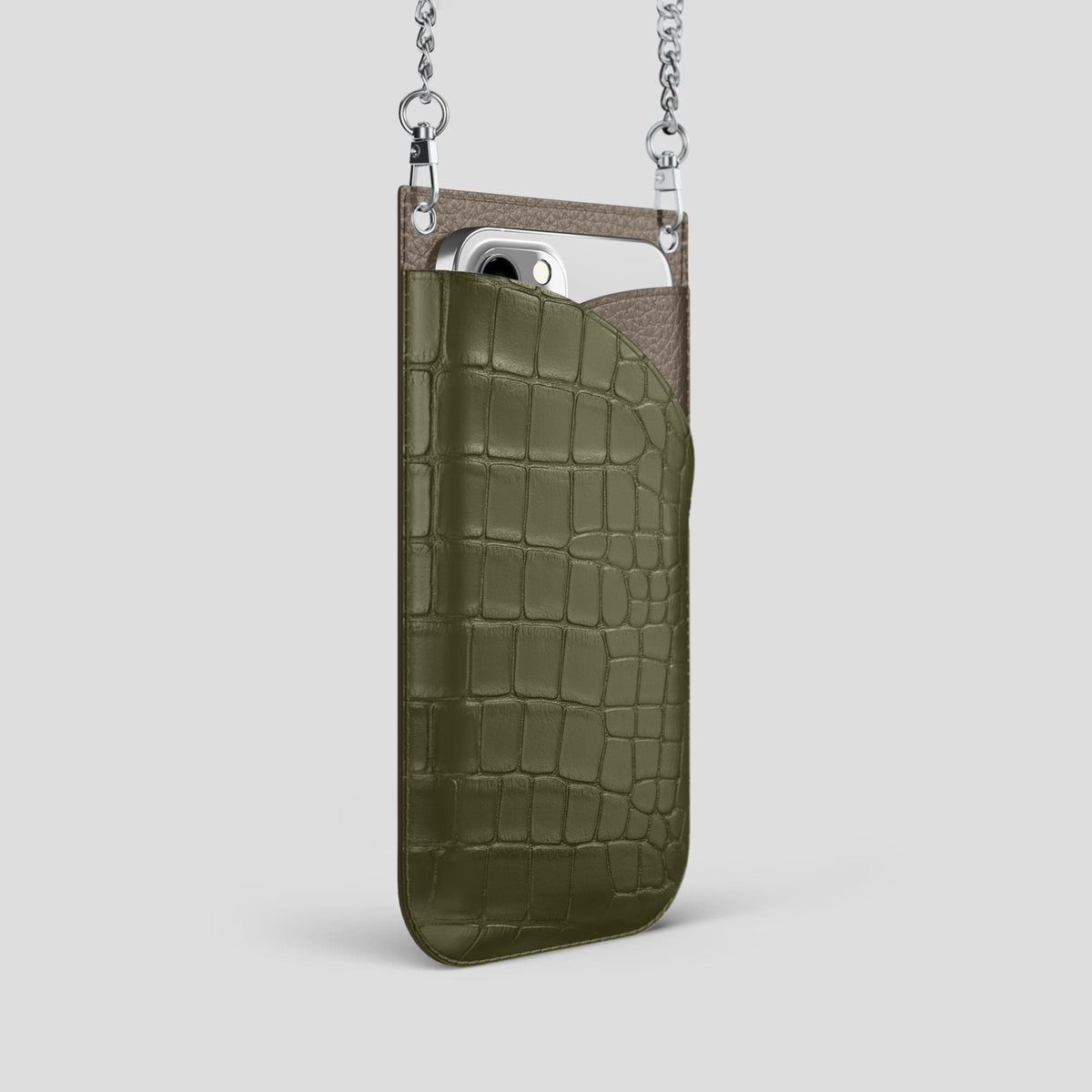 Kaki-Green iPhone 14 Pro Crossbody Bag Alligator with Steel Metal -2 | Kaki-Green-Steel