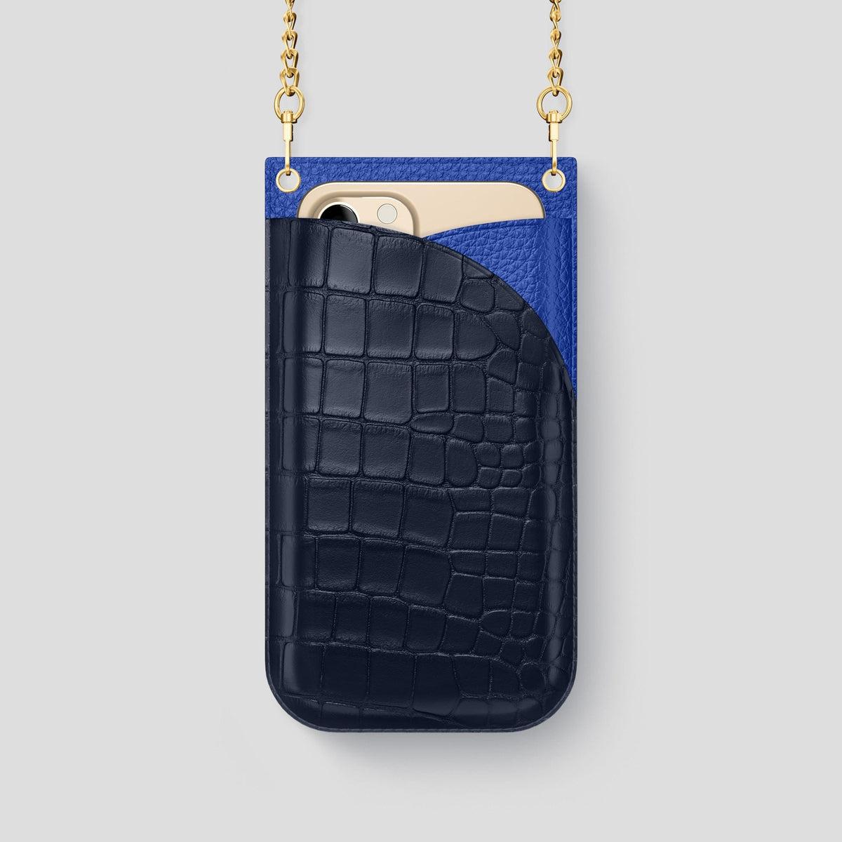 Navy Blue iPhone 14 Pro Crossbody Bag Alligator with Gold Metal -1 | Navy-Blue-Gold