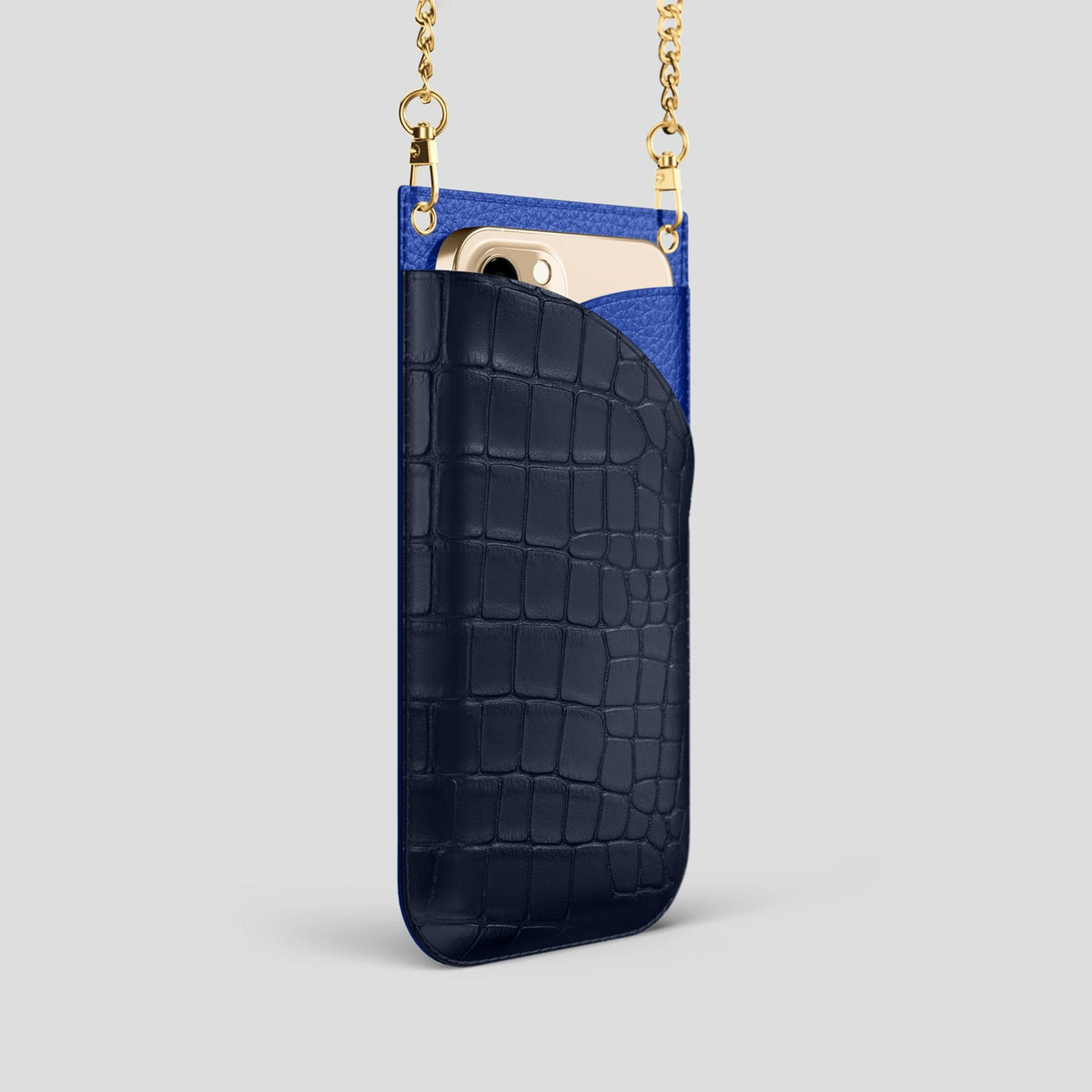 Navy Blue iPhone 14 Pro Crossbody Bag Alligator with Gold Metal -2 | Navy-Blue-Gold