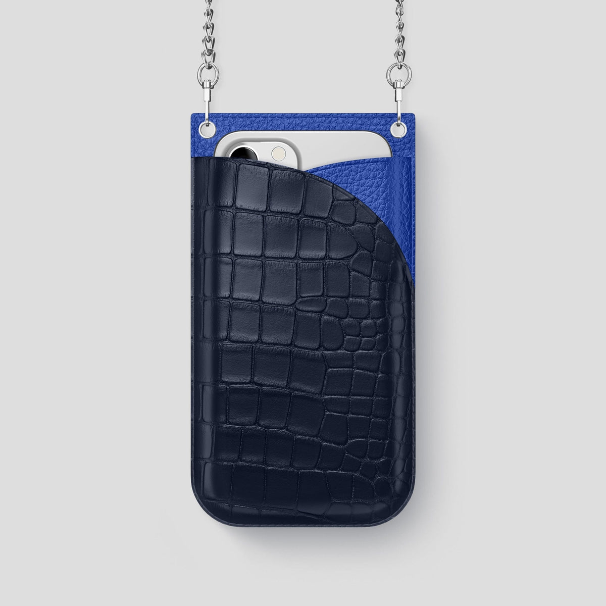 Navy Blue iPhone 14 Pro Crossbody Bag Alligator with Steel Metal -1 | Navy-Blue-Steel