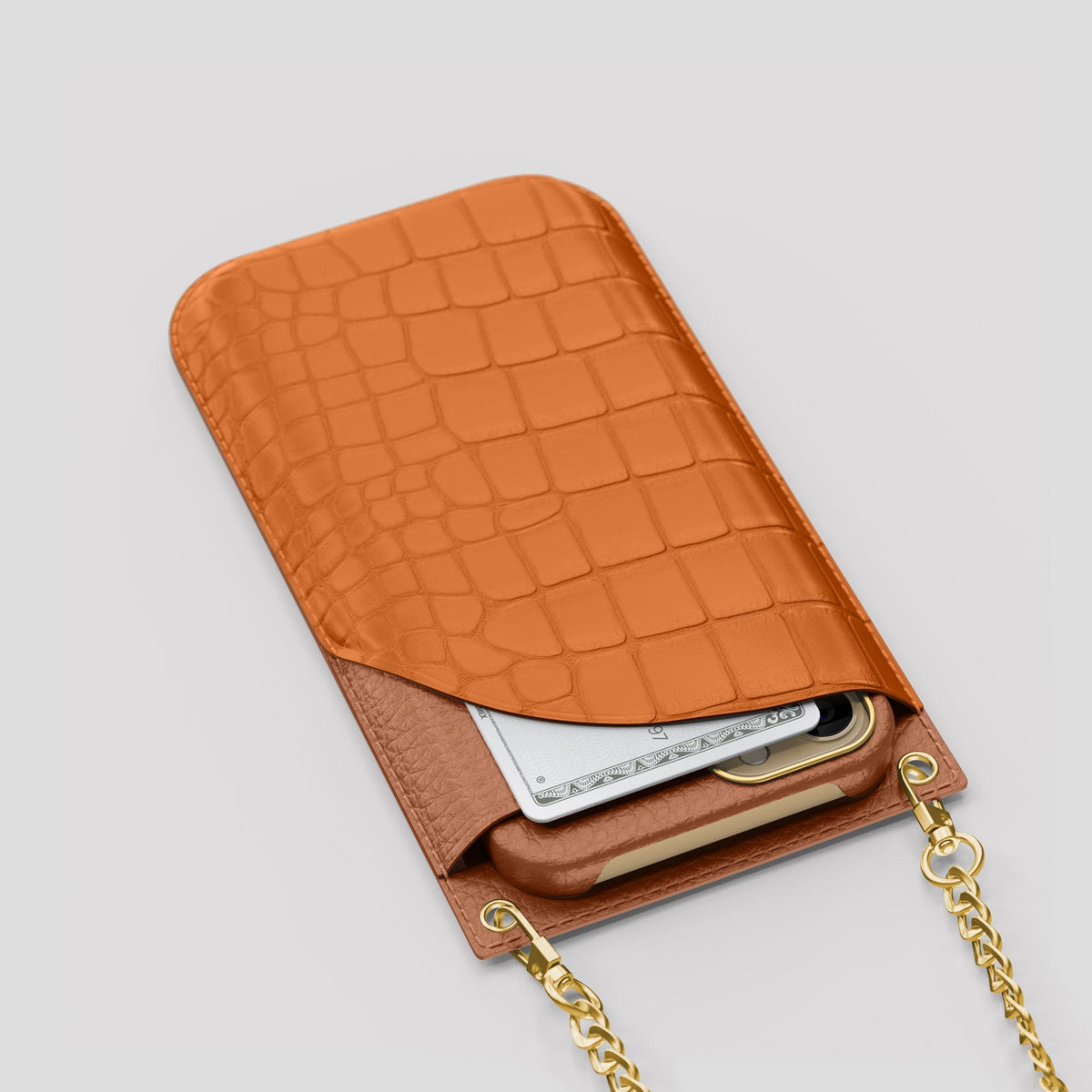 Orange iPhone 14 Pro Crossbody Bag Alligator with Gold Metal -5 | Orange-Gold