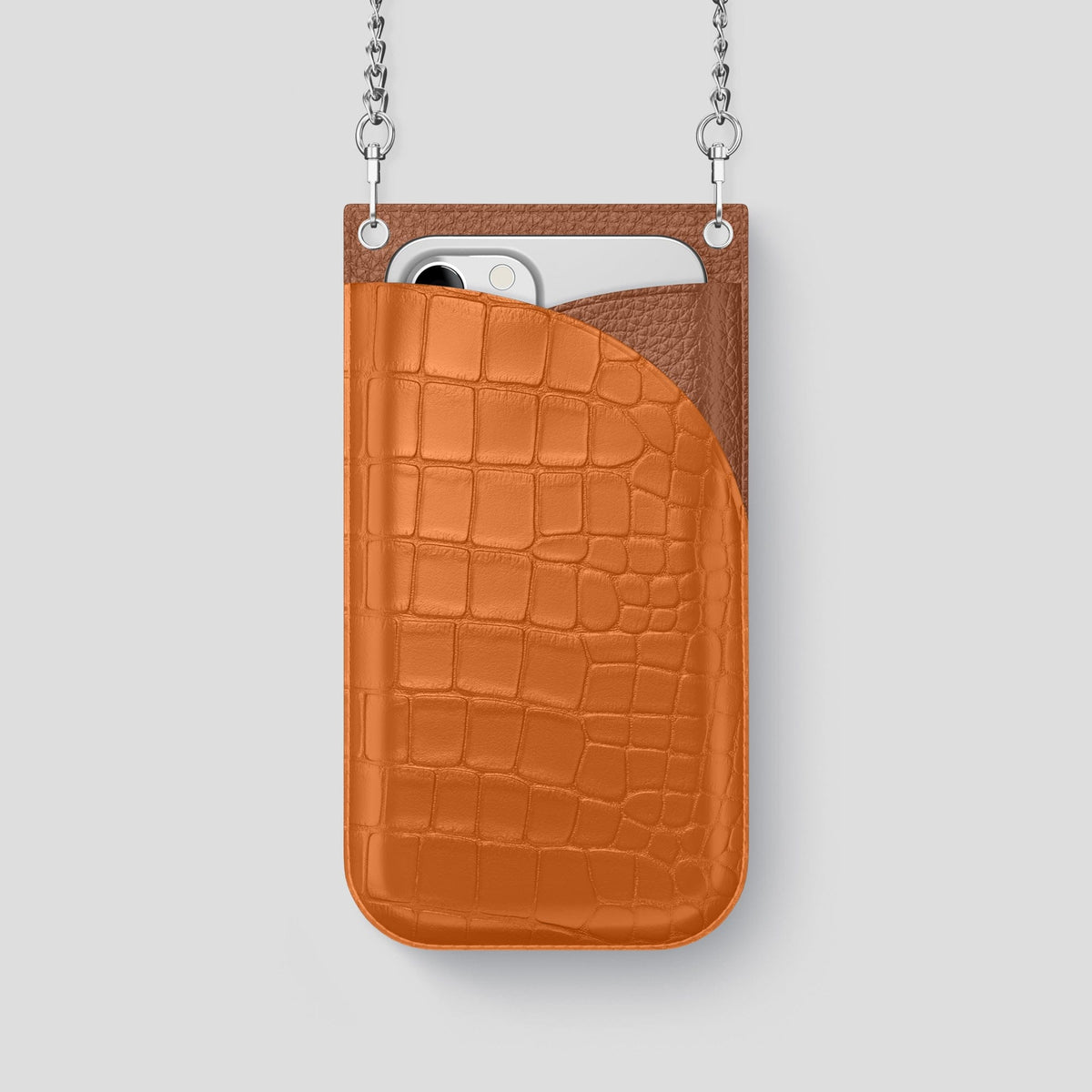 Orange iPhone 14 Pro Crossbody Bag Alligator with Steel Metal -1 | Orange-Steel
