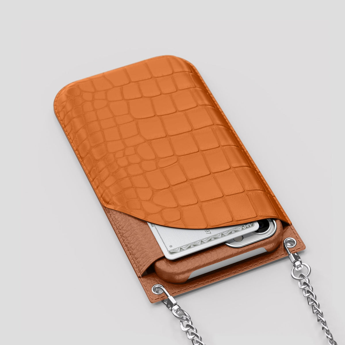 Orange iPhone 14 Pro Crossbody Bag Alligator with Steel Metal -5 | Orange-Steel