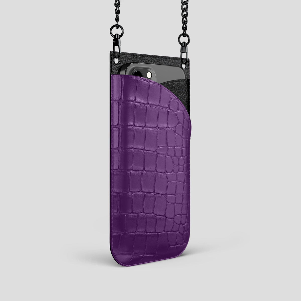 Purple iPhone 14 Pro Crossbody Bag Alligator with Black Metal -2 | Purple-Black