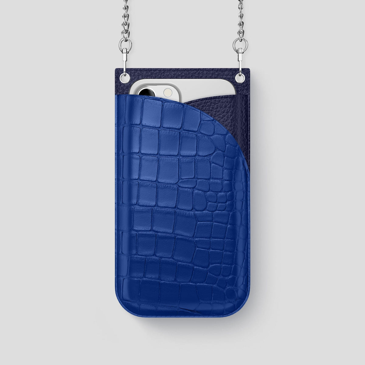 Royal Blue iPhone 14 Pro Crossbody Bag Alligator with Steel Metal -1 | Royal-Blue-Steel