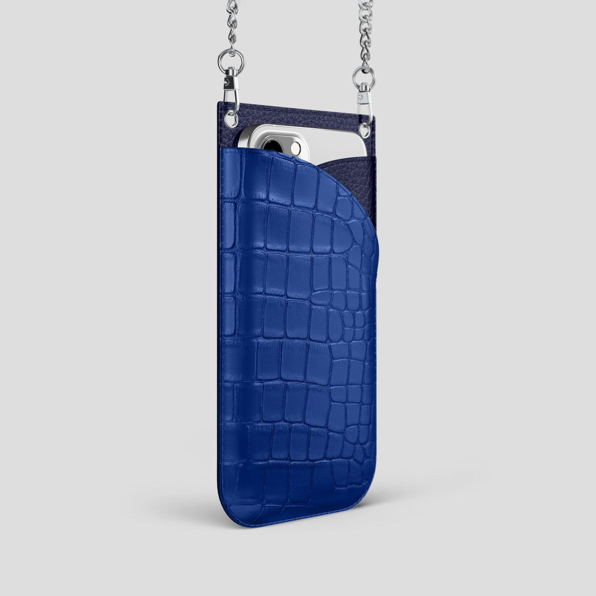 Royal Blue iPhone 14 Pro Crossbody Bag Alligator with Steel Metal -2 | Royal-Blue-Steel