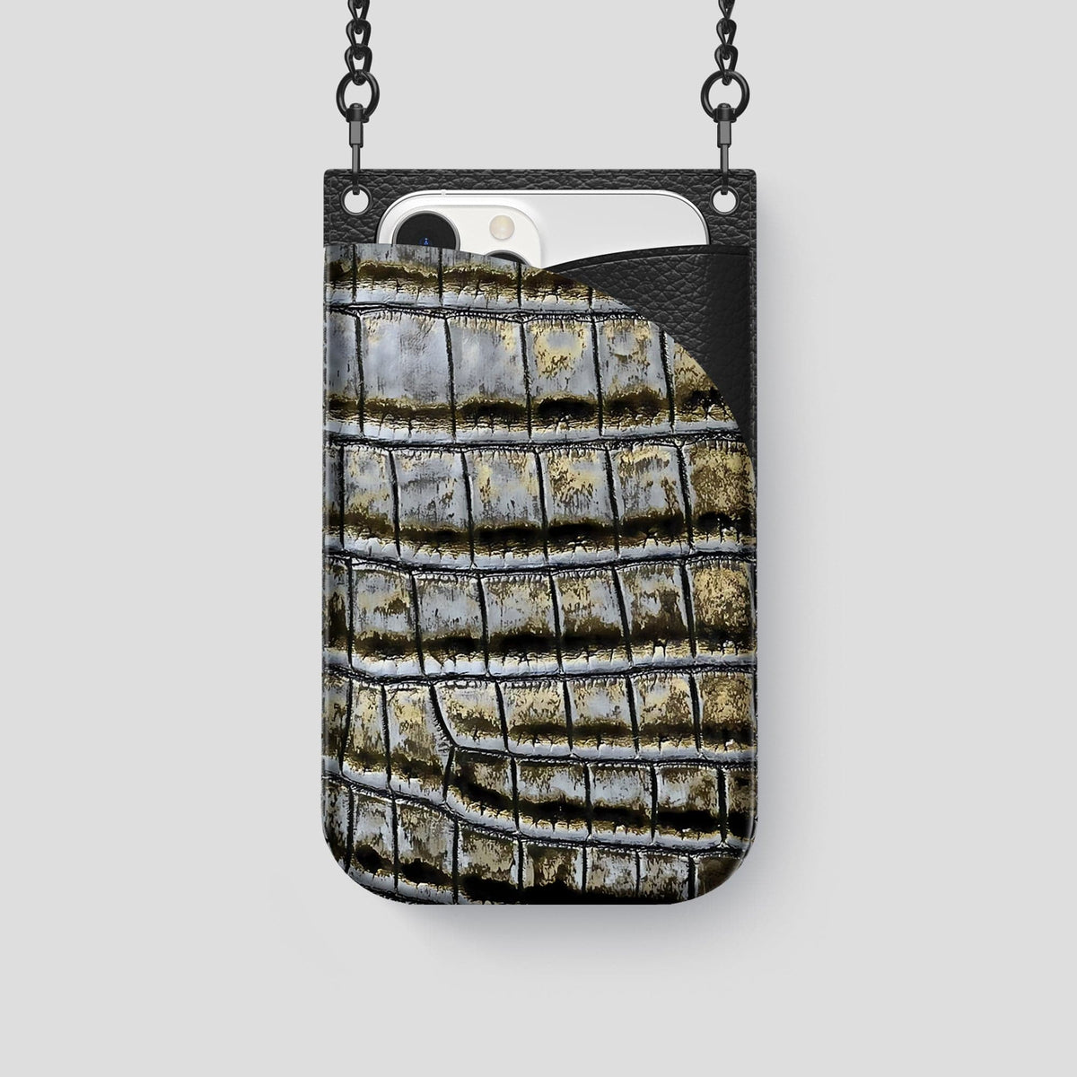 Antique-Bronze iPhone 14 Pro Crossbody Bag Himalayan Crocodile with Black Metal -1 | Antique-Bronze-Black