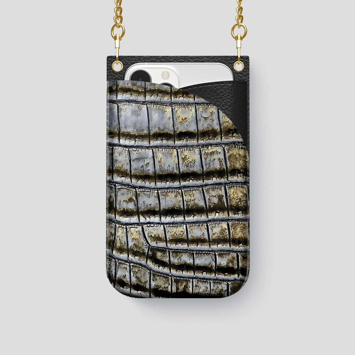 Antique-Bronze iPhone 14 Pro Crossbody Bag Himalayan Crocodile with Gold Metal -1 | Antique-Bronze-Gold