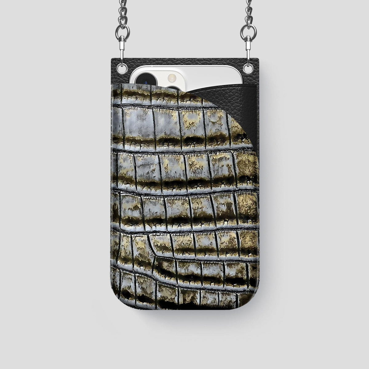 Antique-Bronze iPhone 14 Pro Crossbody Bag Himalayan Crocodile with Steel Metal -1 | Antique-Bronze-Steel