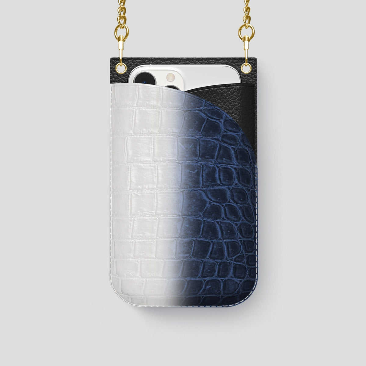 Navy Blue iPhone 14 Pro Crossbody Bag Himalayan Crocodile with Gold Metal -1 | Navy-Blue-Gold