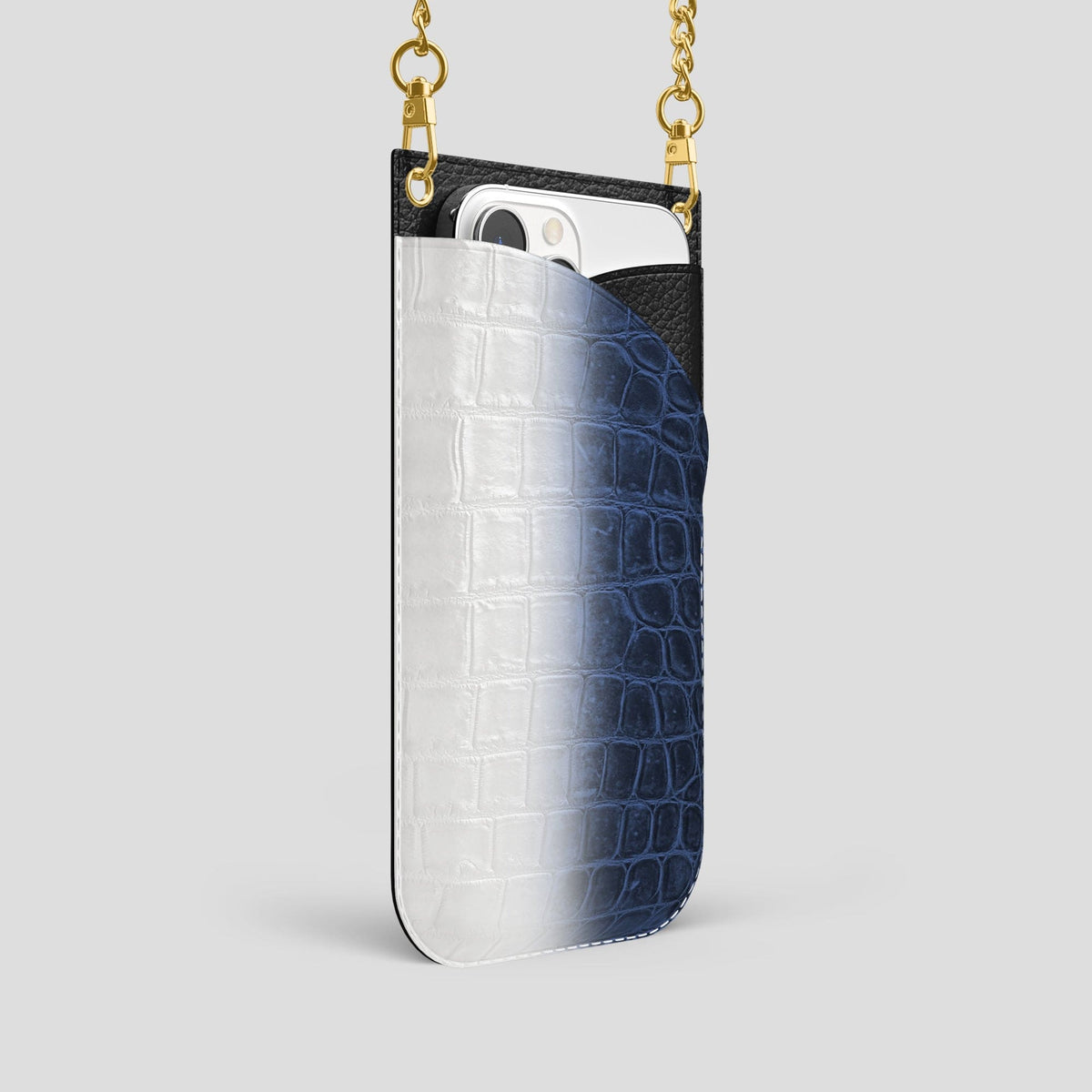 Navy Blue iPhone 14 Pro Crossbody Bag Himalayan Crocodile with Gold Metal -2 | Navy-Blue-Gold