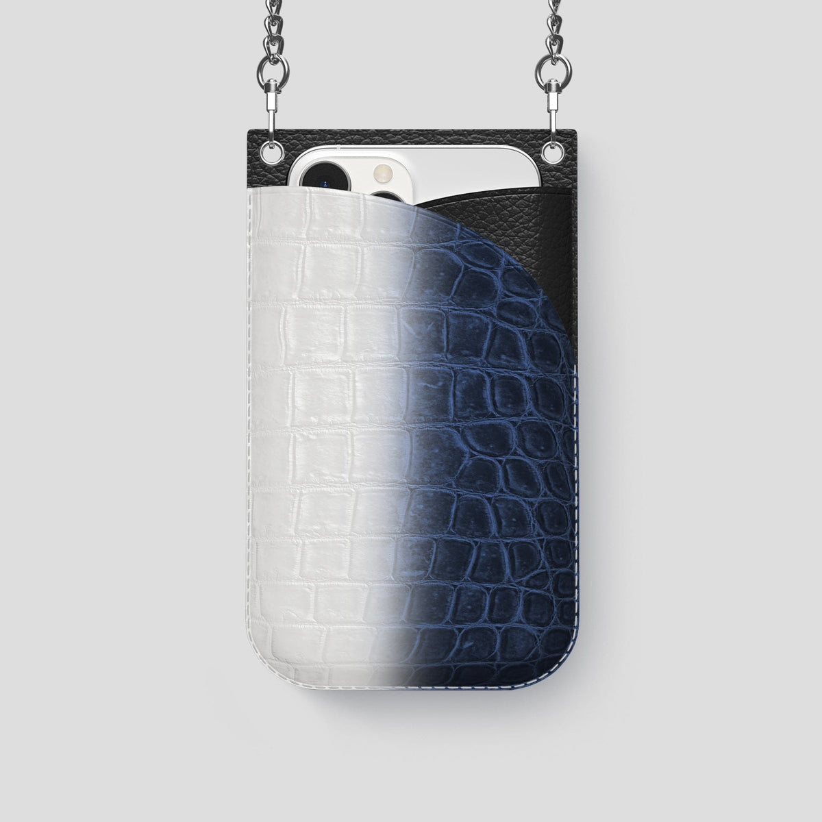 Navy Blue iPhone 14 Pro Crossbody Bag Himalayan Crocodile with Steel Metal -1 | Navy-Blue-Steel