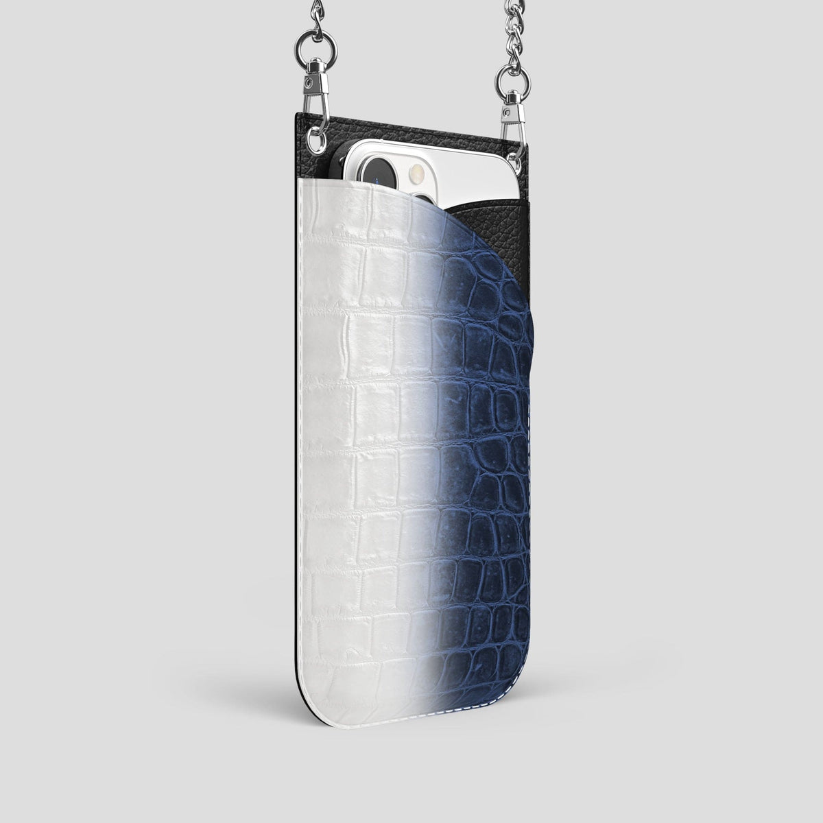 Navy Blue iPhone 14 Pro Crossbody Bag Himalayan Crocodile with Steel Metal -2 | Navy-Blue-Steel