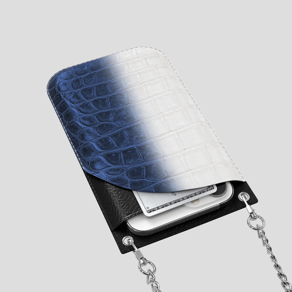 Navy Blue iPhone 14 Pro Crossbody Bag Himalayan Crocodile with Steel Metal -5 | Navy-Blue-Steel